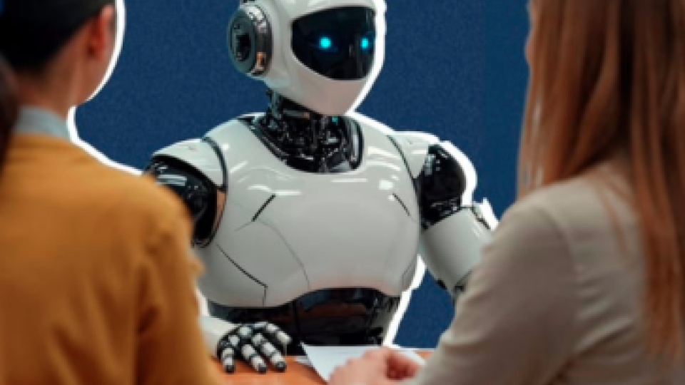 Zwei Studierende sitzen einem Roboter gegenüber