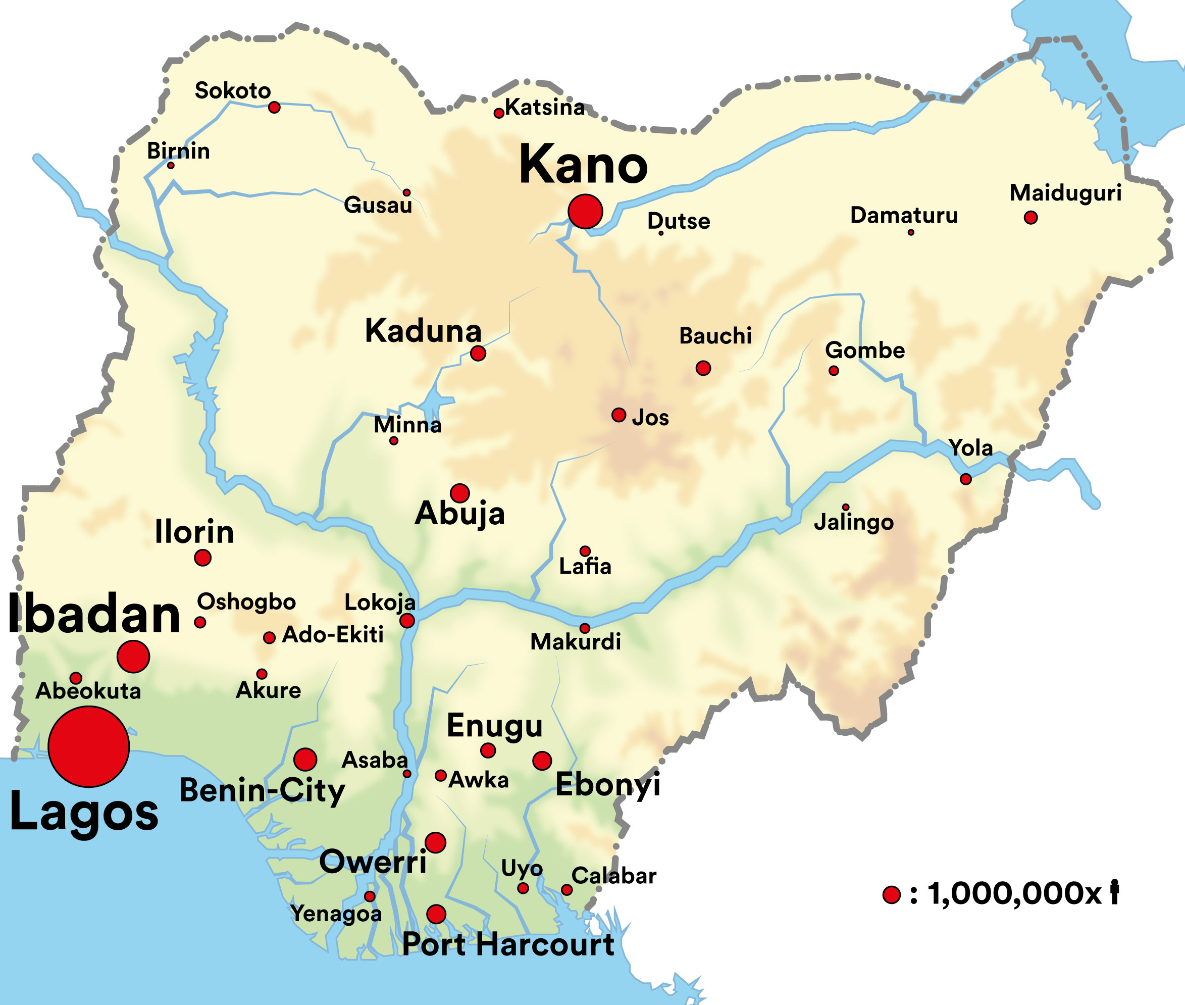 Karte von Nigeria mit den groessten Staedten